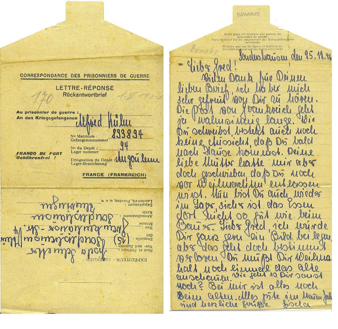 correspondance de prisonier de guerre du 25 12 1946